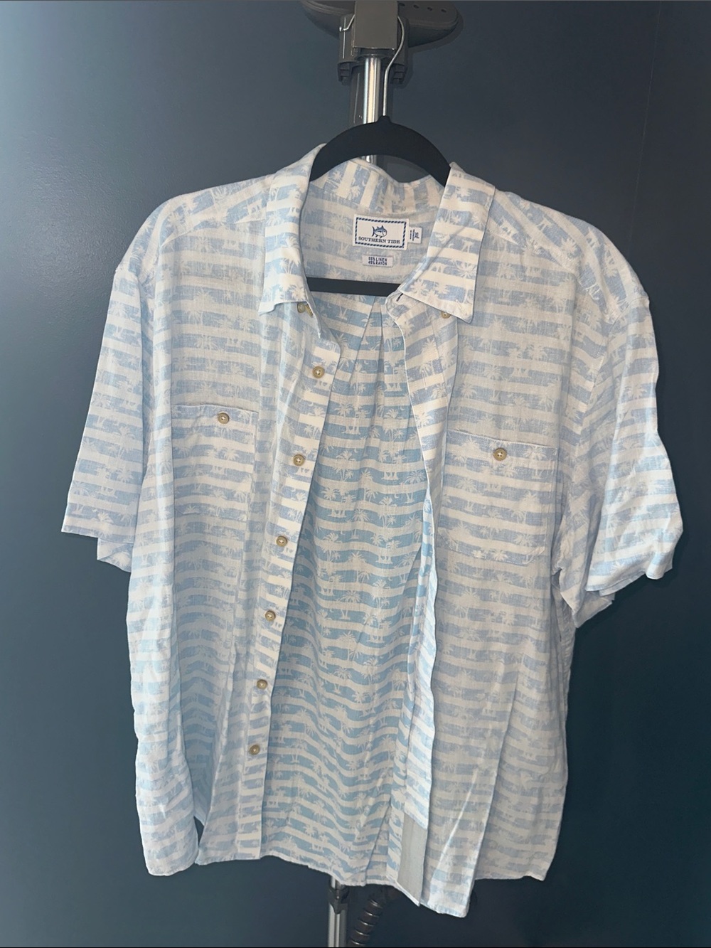 Southern Tide Light Blue and White Striped Short-Sleeve Button-Down Shirt